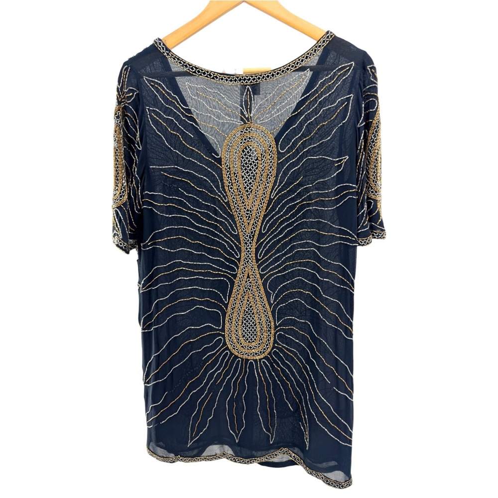 Haute Hippie Silk Beaded Tunic Top Womens M Navy Gold Paisley Mini Dress Flawed - Picture 9 of 12